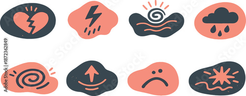 Hand drawn mental health and emotions icon set, doodle psychology symbols of stress, depression, anxiety and healing on abstract shapes