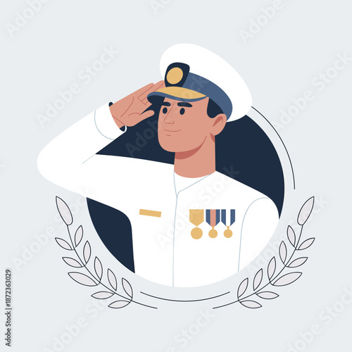 Flat design illustration of a smiling male sailor in uniform giving a salute and wearing medals with a laurel wreath Illustration