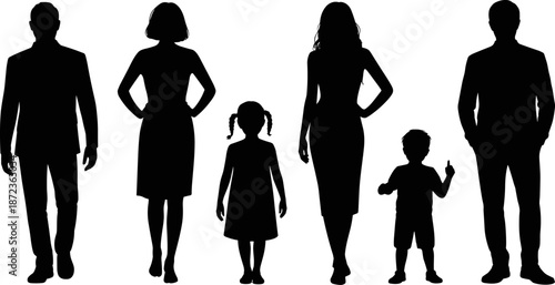 Family silhouette illustration, adults and children standing together, black vector art, community concept, parenting theme, white background, group unity scene