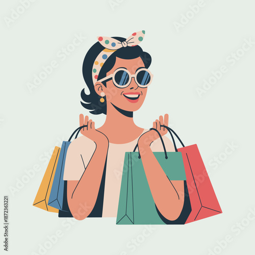 Stylish woman with retro headband and sunglasses happily carrying shopping bags filled with purchases Illustration