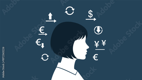Woman Surrounded by Currency Symbols.