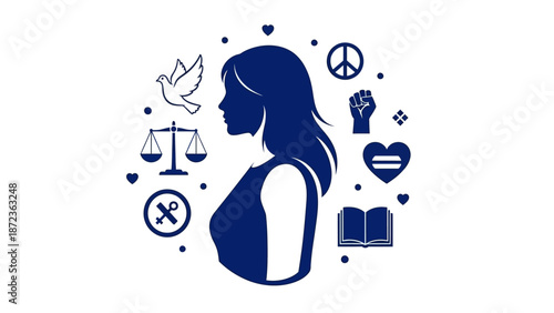 Woman surrounded by equality and peace symbols.