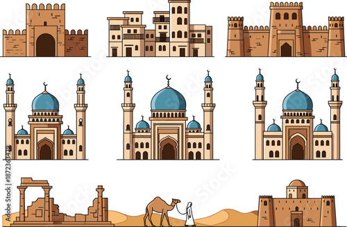 Islamic Architecture Landmark Vector Set Featuring Mosques, Minarets, Fortresses, Desert Buildings, and Middle Eastern Cultural Travel Illustrations