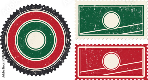 Retro Emblem and Stamp Set with Gear Edge, Diagonal Lines, Perforated Borders, Distressed Texture in Red, Green, Cream Tones