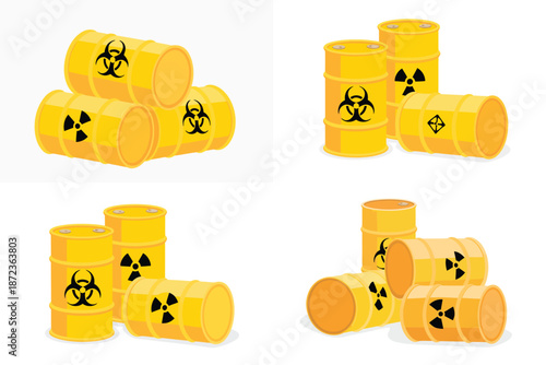 Hazardous material storage barrels with biohazard and radiation symbols