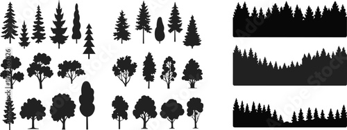 Forest and tree silhouettes collection isolated on white background, black woodland elements set including pine, deciduous trees, and forest horizons for nature design projects