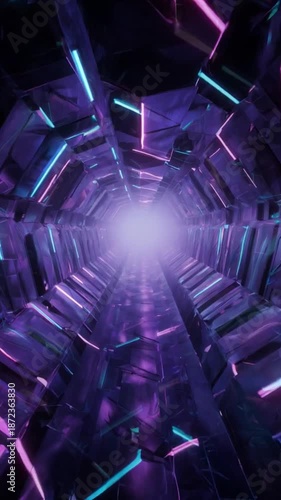 A futuristic neon tunnel made of geometric panels, leading into a bright vanishing point. The video creates a strong sense of motion, depth, and high-tech space, evoking cyberpunk aesthetics.