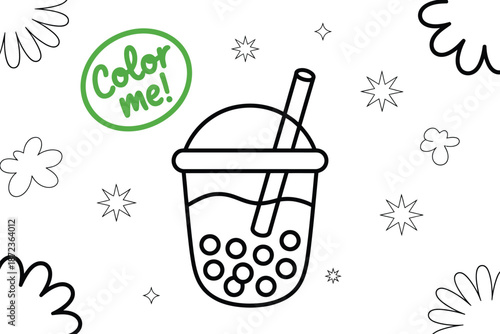 Coloring page featuring a bubble tea