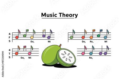 Music theory illustration with fruit and musical notes
