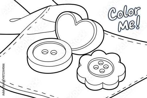 Coloring page with buttons and heart shaped box