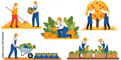 Farm Harvest and Agricultural Work Scene Set with Farmers Picking Vegetables, Fruits, Pumpkins, and Carrying Produce in Countryside Vector Illustration