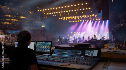 A behind-the-scenes concert rehearsal where sound engineers adjust mixing boards, stagehands run cables, and musicians warm up under colorful stage lights — live event preparation, performance