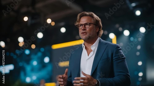 A CEO delivering a keynote speech at a tech conference, illuminated by stage lights and backed by futuristic graphics — thought leadership, industry influence, and global innovation messaging.