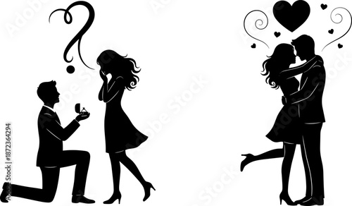 Romantic proposal silhouette illustration, emotional decision moment, couple embracing after engagement, love concept, heart symbols, black vector art, relationship journey