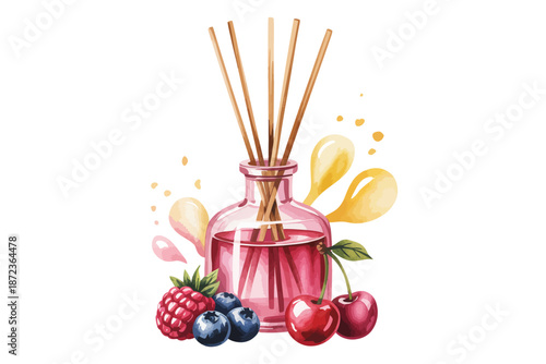 Beautiful pink reed diffuser with fresh berries and cherries