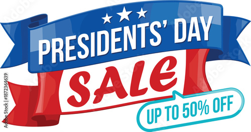 Presidents Day sale banner vector design with patriotic red blue ribbons and discount tag for American holiday shopping promotion