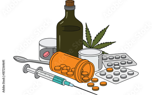 Assorted drugs and substances on white background