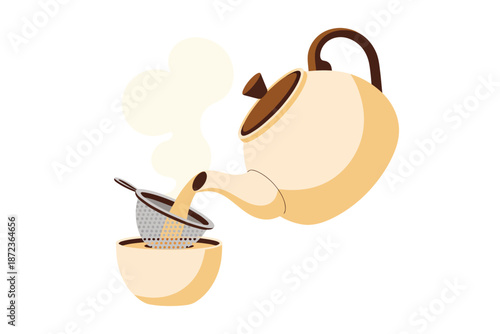 Pouring hot water from kettle into tea strainer