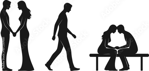 Relationship silhouette illustration, emotional stages of love, couple holding hands, walking alone, bench intimacy, black vector art, connection concept