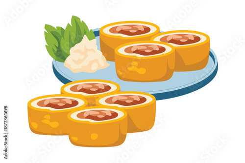 Delicious sushi rolls served on a plate with wasabi and garnish