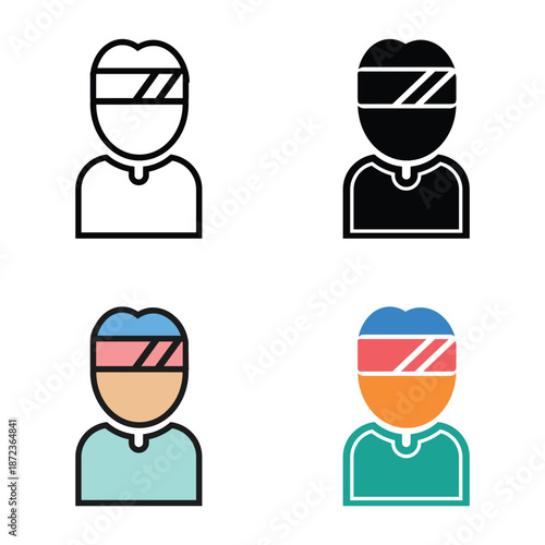Vector illustration set of injured person icons wearing head bandage. Patient injury, medical care, accident recovery concept in outline and flat style, isolated on white background.