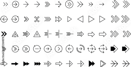 Modern vector collection of linear arrow icons set containing various directional pointers for website navigation and app interface elements