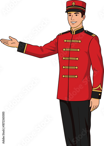 Cartoon hotel bellhop doorman character illustration, red uniform with gold buttons, hospitality service staff welcoming guest, cad drawing flat vector illustration