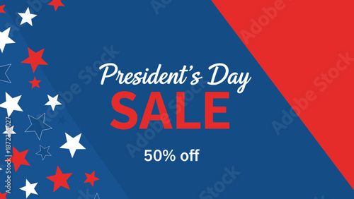 President's Day sale banner featuring scattered stars on blue background with fifty percent off text for patriotic holiday promotion