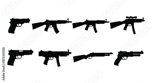 Silhouetted firearms collection pistols rifles and submachine guns displayed in black