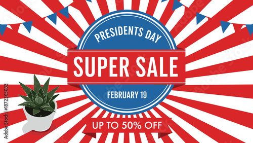 Presidents Day super sale vector background with red and white sunburst rays and discount text for holiday shopping promotion