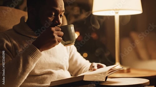 Cozy Evening: African American Man Reading with Coffee by Warm Light