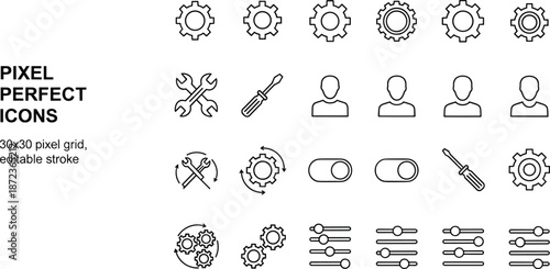 Pixel perfect settings and configuration line icon set with editable stroke including gears tools and user profiles for web 
