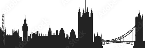 London city skyline silhouette featuring Big Ben, Tower Bridge and iconic landmarks, minimalist black vector illustration isolated on white background