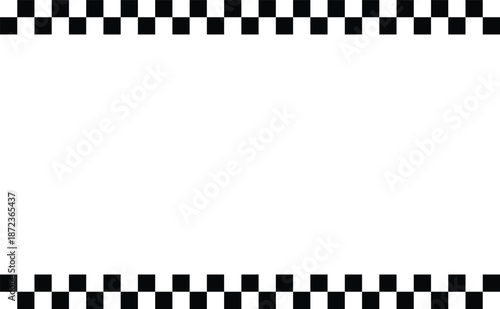 Black and white checkered racing frame border, clean motorsport flag pattern with top and bottom edges, layout background for race event posters, competition flyers, sports promotions