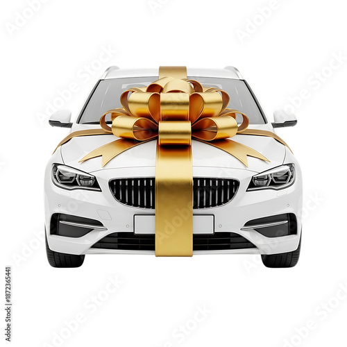 White car gift wrapped with gold ribbon bow on transparent background