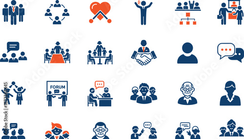 Professional Business Icon Set Featuring Corporate Teamwork Symbols Community Leadership Figures and Communication Graphics for Office Management Marketing and Human Resources Projects