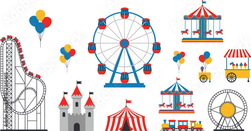 Amusement Park and Carnival Vector Set Featuring Ferris Wheel, Roller Coaster, Circus Tent, Balloons, Castle, and Funfair Ride Illustrations