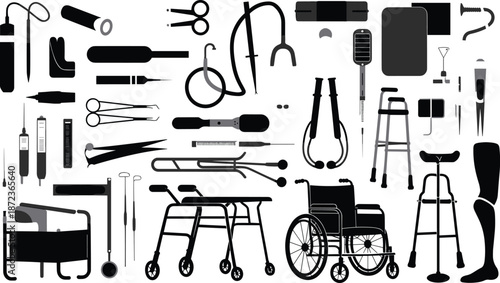 Medical and Healthcare Equipment Icon Set with Surgical Instruments, Diagnostic Tools, Mobility Aids and Hospital Devices in Clean Black Silhouette Vector Style