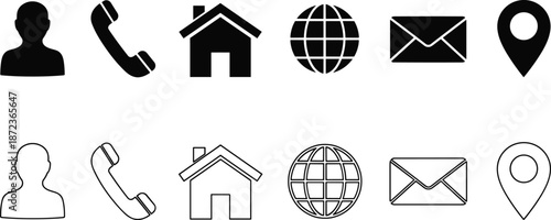 Minimalist black and white contact icons set with solid and outline symbols for phone email address location and web interface design