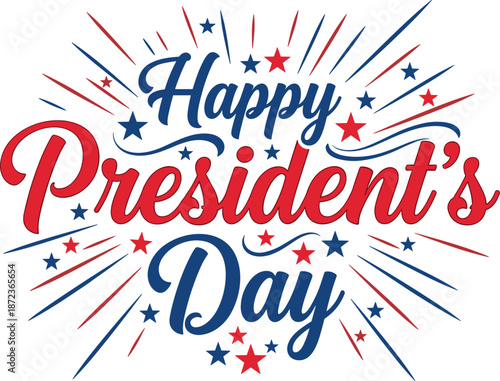 Happy Presidents Day typographic banner with red and blue script lettering and starburst rays for United States national holiday celebration (21 words)