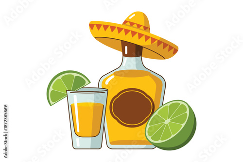  Tequila bottle with shot glass and lime