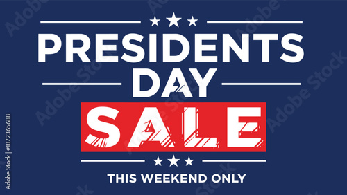 Presidents Day sale banner on blue background with white and red typography for United States holiday shopping events and retail discounts