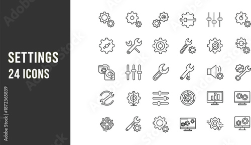 Comprehensive set of twenty four minimalist settings and configuration line icons featuring gears wrenches and sliders for professional software interface design