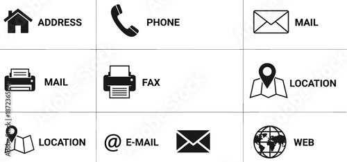 Comprehensive black and white contact icons collection with solid and line symbols for address phone email location fax and web communication