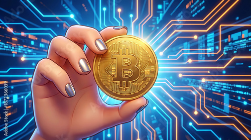 Woman's hand holding a golden bitcoin against a futuristic digital circuit board background