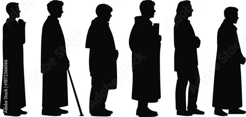 Men Standing in Line Silhouette Vector Set, Black and White Human Profiles in Side View Poses for Queue, Waiting, Social, and Conceptual Design Use