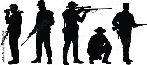 Military soldier silhouettes set featuring armed troops with rifles, sniper weapons, and tactical stances isolated on white background for defense, security, and combat design concepts