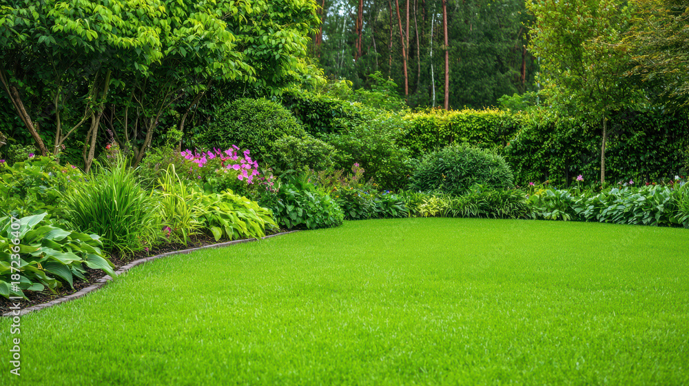 Obraz premium Lush green lawn surrounded by vibrant flowers and dense foliage creates serene and harmonious garden atmosphere