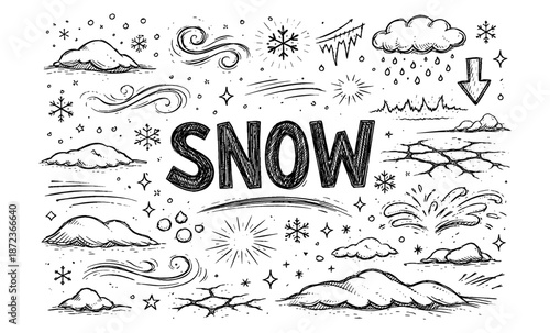 Hand-drawn doodle collection illustrating winter weather elements and the word SNOW
