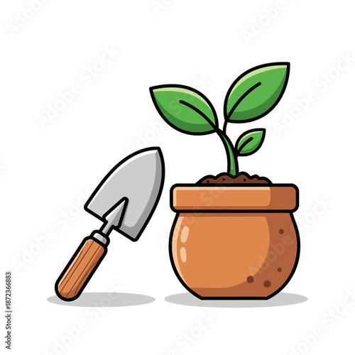 Plant Pot and Trowel Icon – Gardening Seedling Symbol for Home, Garden & Nature Design